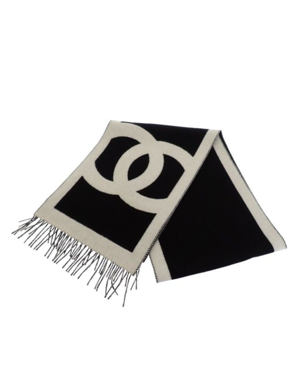 Chanel CC Logo Cashmere Scarf Genus Black White